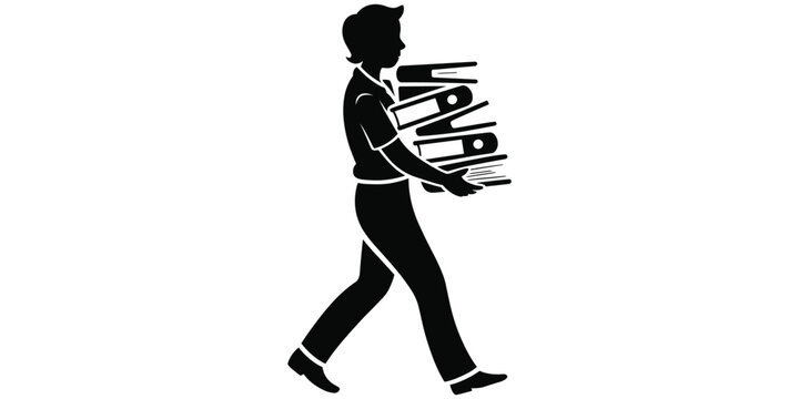 Worker silhouette carrying stack of folders, overloaded responsibilities, busy office stress concept, workplace burden artwork design, flat vector illustration