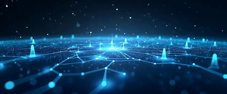 Minimalist wallpaper design featuring abstract digital network grids and futuristic icons representing ISS research with integrated space station elements and ample empty space for overlay text; conve