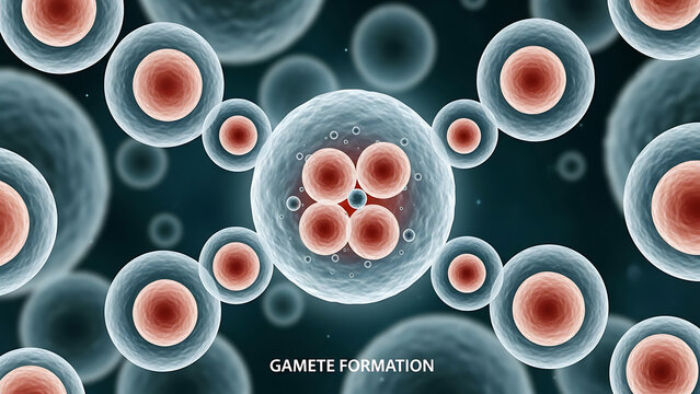 Gamete formation process with cells and bubbles  microscopic view of biological reproduction and cell division