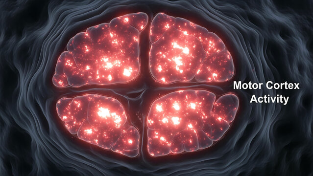 Brain motor cortex activity glowing red neurons in cerebral cortex  neuroscience and neurology concept  brain function and activity