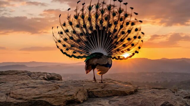 Peacock displaying its ornamental feathers during a bright golden sunset. Majestic bird standing on a rocky cliff top and spreading plumage for mating ritual.