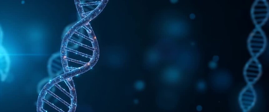 Modern wallpaper background featuring abstract digital motifs inspired by the future of genome medicine with expansive empty space for clear text overlays and dynamic data visualization supporting cut