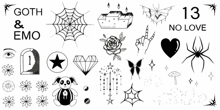 A collection of gothic and emo inspired flash tattoo designs in black ink