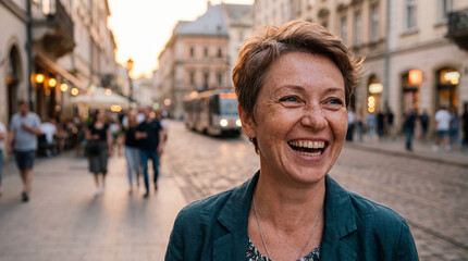 Fototapeta premium Happy mature woman with short hair smiling outdoors at sunset on a lively city street. Urban lifestyle, genuine expression, and joyful mood captured in warm evening light among people and city life.