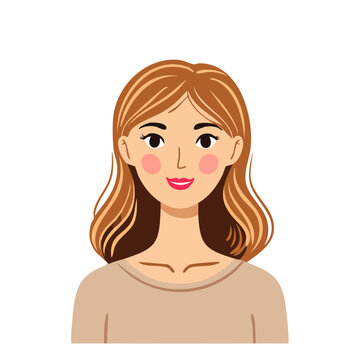 Portrait of a smiling woman with brown wavy hair and rosy cheeks wearing a beige shirt
