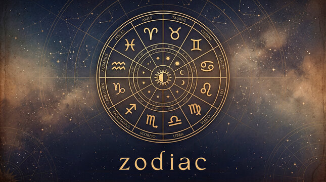 A cosmic zodiac circle with symbols of all the zodiac signs against a colorful night sky. The signs of the zodiac, a mystical illustration steeped in ancient atmosphere.