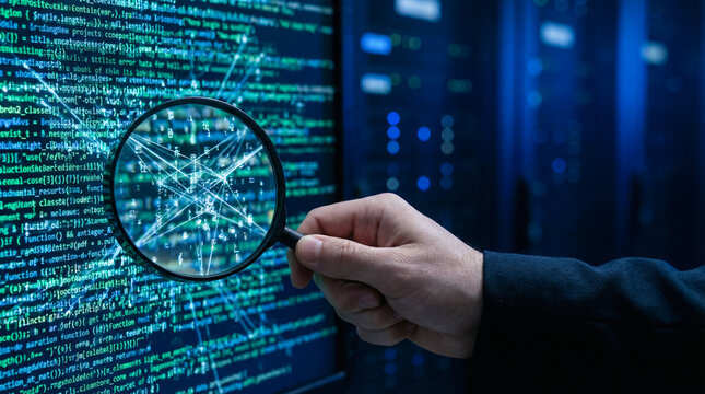 Cyber security data breach magnifying glass computer code hacking analysis digital investigation network hand scanning cyber security data breach