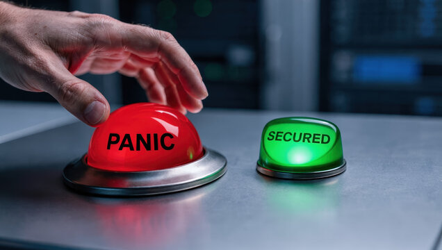 Panic button red button emergency button alarm danger hand secured button green button security control panel warning technology cyber alert