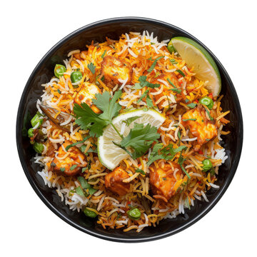 Colorful vegetable biryani with cashews and herbs isolated on transparent background