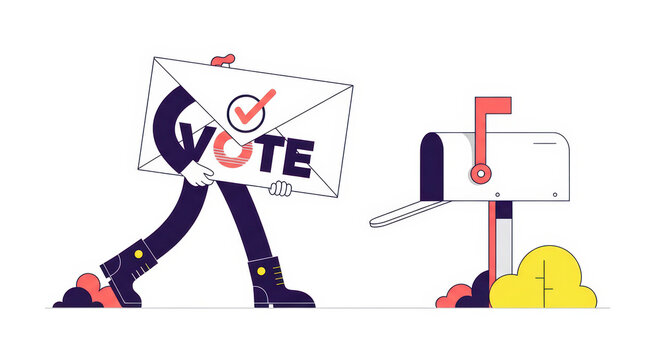 A stylized personified mail envelope with the word vote walking towards a residential mailbox to submit an absentee ballot for election