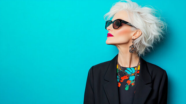 Stylish mature woman with short white hair, wearing sunglasses and colorful necklace, posing against vibrant turquoise background, exuding confidence and modern elegance
