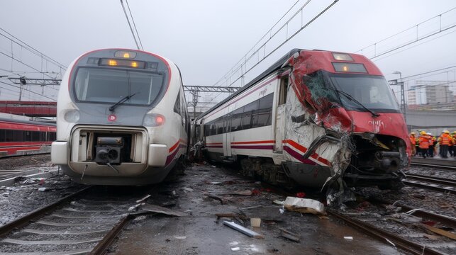 Two trains collide in a busy station. One train is damaged while the other is intact. This shocking scene captures the chaos of an accident. A moment in transit history. AI