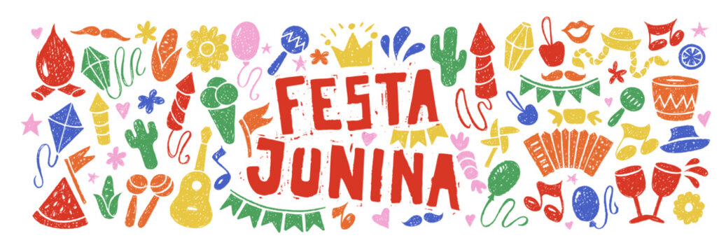 Festa Junina carnival icons with crayon texture. Music party set with accordion, guitar, bonfire, drum and lantern drawn with black chalk, vector illustration