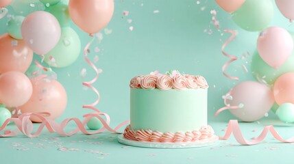 Fototapeta premium A beautiful mint green birthday cake surrounded by pastel balloons. This festive setup is ideal for celebrations. Perfect for party themes and event planning. Capture joy and sweetness. AI