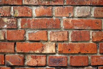 Fototapeta premium A close-up view of a textured red brick wall. Bricks are arranged in a traditional pattern
