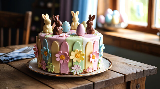 Pastel Easter bunny cake photo, spring floral decorations and eggs, holiday celebration dessert background