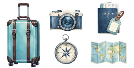A watercolor collection of travel accessories featuring rolling suitcase, vintage camera, passport with boarding pass, compass, and folded world map isolated on white background. © liana