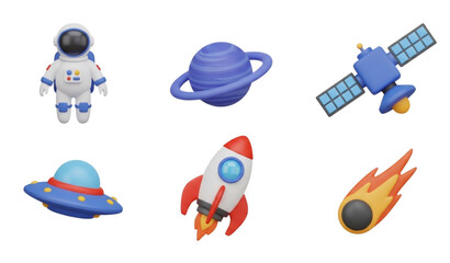 3D space vector icon set with astronaut, planet, rocket, UFO, satellite, and comet © MstRuna