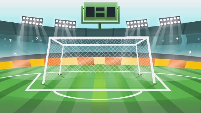 Animated Soccer Stadium Field with Goal Post and Bright Floodlights