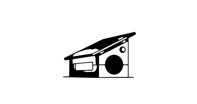 A minimalist vector graphic illustration of a washing machine in a simple black and white design