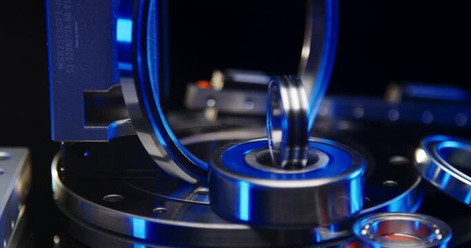 Close-up of high-precision ball bearings and industrial components with blue cinematic lighting