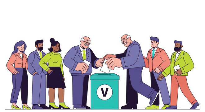 Diverse group of multiracial citizens queuing to cast their paper ballots in a democratic election process with seniors at the ballot box