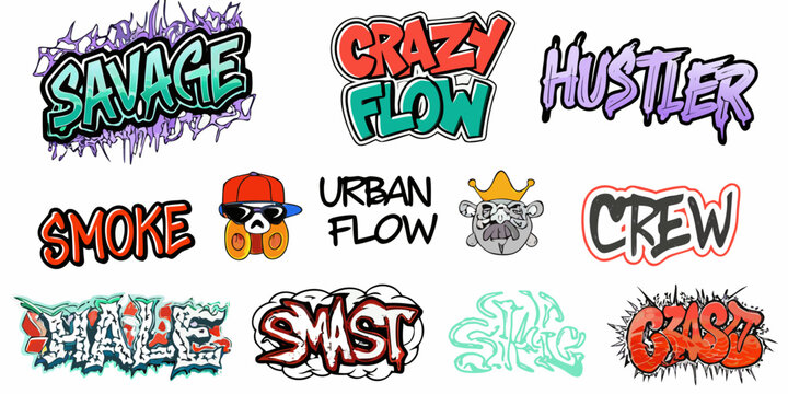 Graffiti style lettering and designs with vibrant colors and urban themes