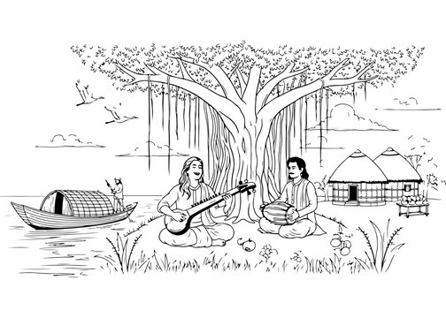 Spiritual Baul singers performing folk music under a large banyan tree in a rural landscape near river illustration capturing the peaceful essence of Bengal for artistic coloring projects.