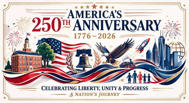 America's 250th anniversary commemorative stamp design celebrating liberty and progress