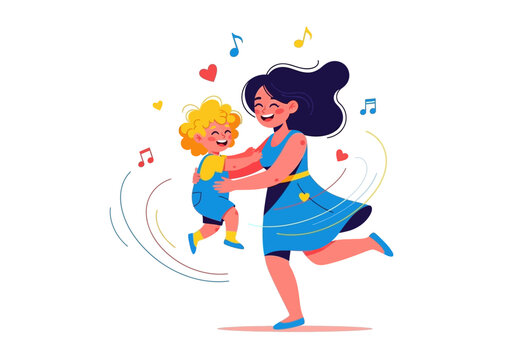 Woman and child dancing together happily.