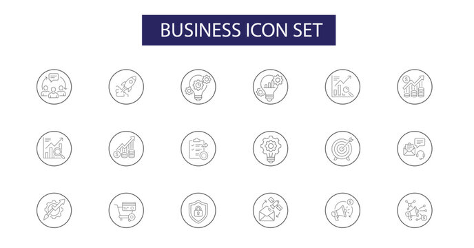 Business Market research icon set. Analytics, earn, money, sell, data, audience, strategy, insights, trends, growth icons. Circle editable stroke vector.