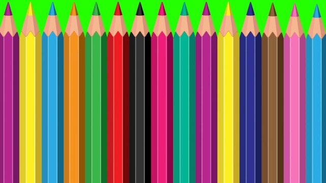 Animated video transition on a green background with colored pencils, school footage