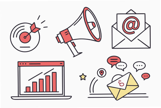 A vector graphic illustration of various digital marketing icons and symbols
