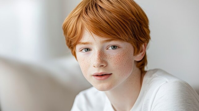 Young red-haired boy with freckles exhibiting a surprised expression in a close up shot