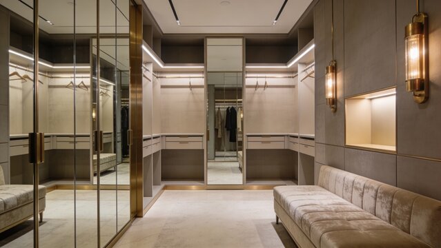 Upscale dressing room with matte greige finishes, built-in wardrobe niches, and premium interior sophistication
