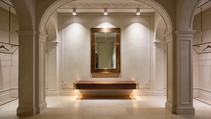 Naklejka premium Premium Boutique Dressing Room with Plaster Arch Details Soft Limestone Flooring and Bronze Touches