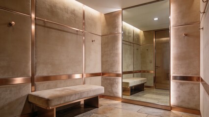 Fototapeta premium Exclusive Private Fitting Room Design with Soft Suede Panels and Brushed Champagne Metal Accents