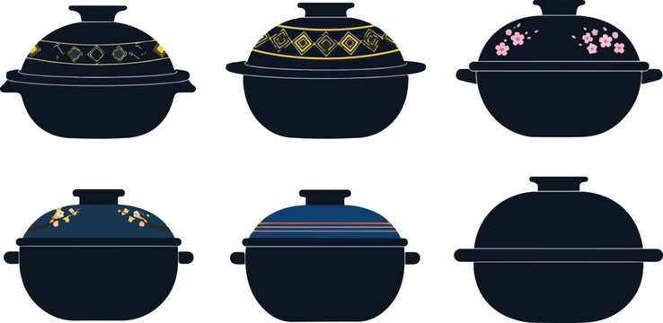 Traditional japanese nabe hot pot vector illustration set with elegant patterns and cherry blossom designs.