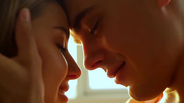 Gentle Touch Under Warm Glow. Tender Reunion With Soft Smiles And Glowing Background Atmosphere