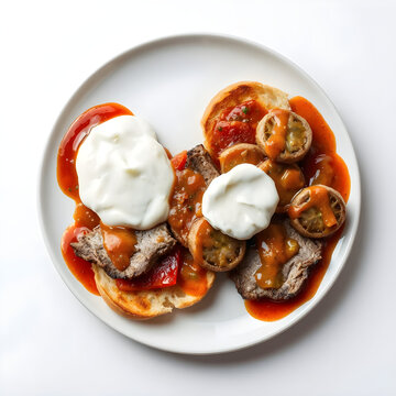 Traditional Turkish iskender kebab with sliced lamb, hot tomato sauce and yogurt over pita