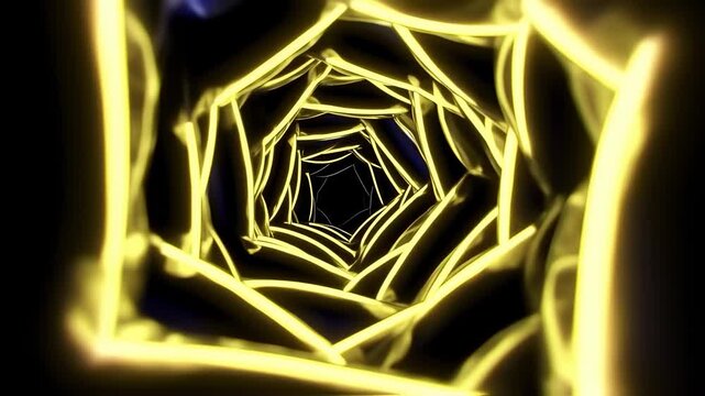 Abstract perspective view down a glowing, pentagonal tunnel, with a black hole effect at the end