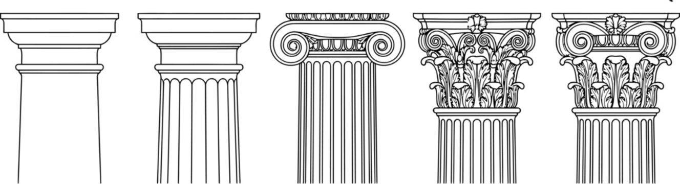 Collection of classical architectural column capitals in line art style