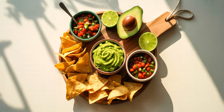 Nachos chips with guacamole and salsa photo, Mexican appetizer bowl snack with lime