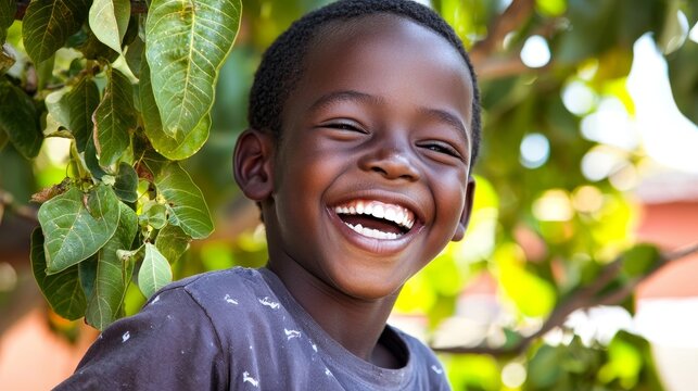 Joyful African Boy Laughing in Sunlight Surrounded by Green Leaves and Nature's Beauty