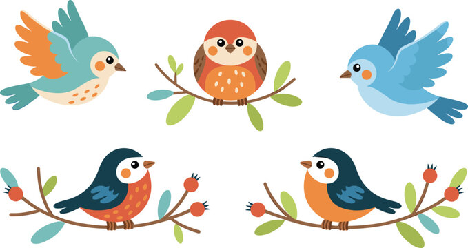 Set of cute cartoon birds vector illustration with colorful robins and bluebirds sitting on branches and flying freely