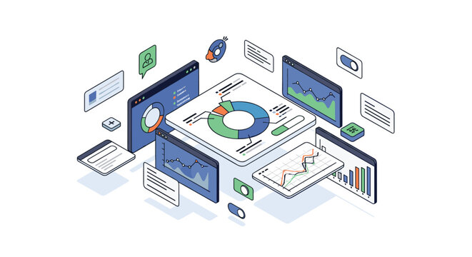 Isometric digital dashboard analytics interface displays vibrant pie charts and line graphs across a clean professional workspace with soft lighting.