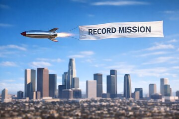 Naklejka premium Rakete zieht Banner mit Record Mission über moderner Skyline einer Großstadt bei klarem Himmel