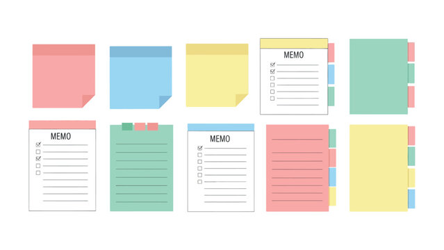 Colorful Note Collection: A collection of various colorful memo notes, capturing diversity of shapes, sizes, and layouts, ready for jotting down important reminders and ideas.