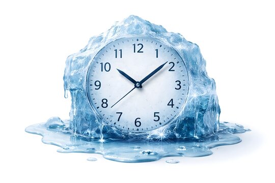 Schmelzende Uhr im Eisblock mit Tropfwasser auf hellem Hintergrund als Darstellung von Zeitdruck, Klimawandel und Verg&auml;nglichkeit