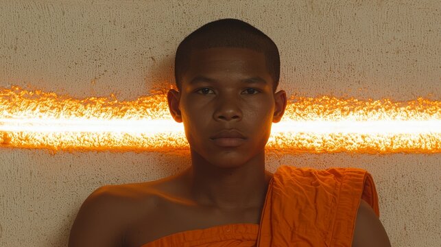 Young Monk in Southeast Asian Temple with Warm Light Background